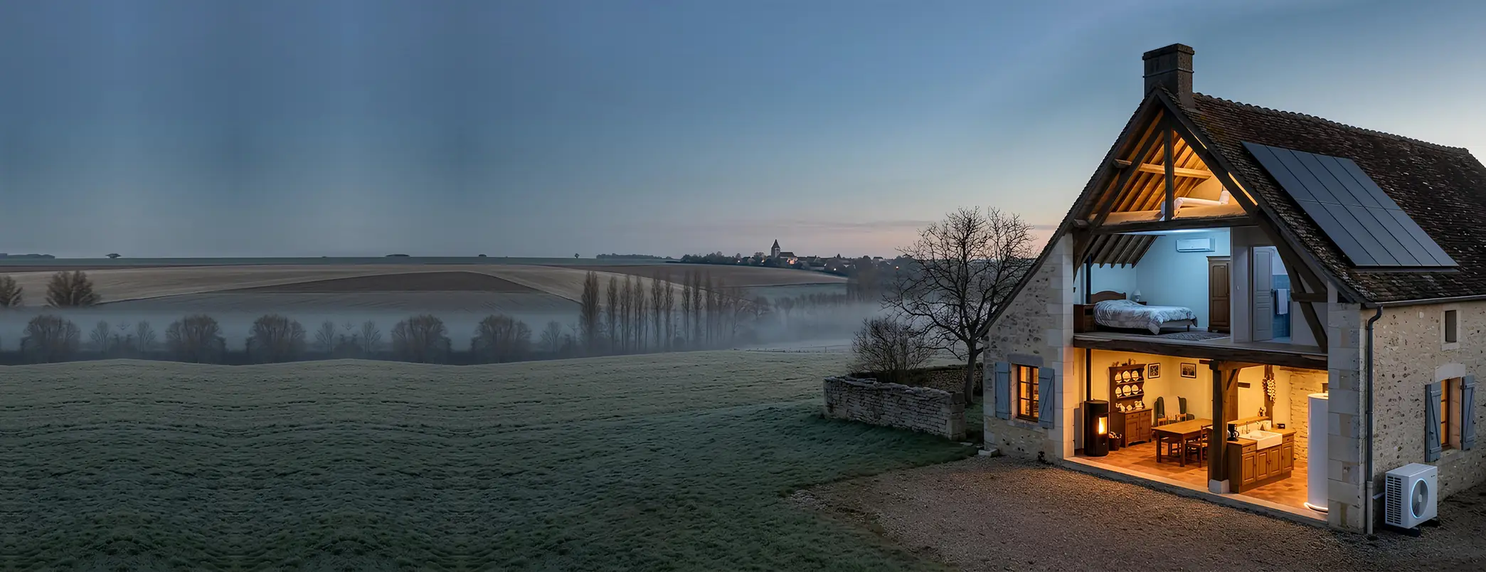 Illustration : maison de pierre en coupe au petit matin, panneaux solaires sur le toit, poêle allumé au salon, chauffe-eau et pompe à chaleur