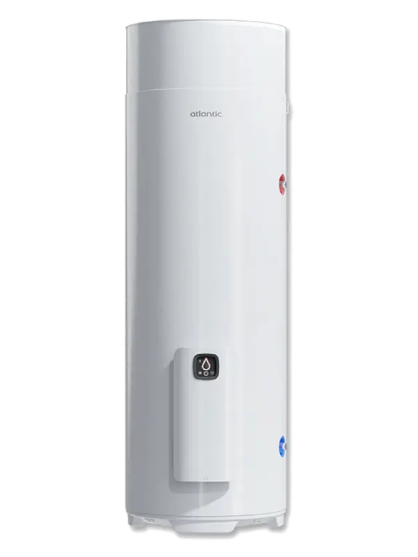 Chauffe-eau thermodynamique Atlantic Egéo vu de face, cylindre blanc avec son boîtier de commande en bas