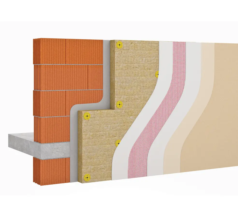 Mur de briques en coupe : panneaux de laine de roche collés et chevillés, sous-enduit blanc armé d’un treillis, puis la finition beige