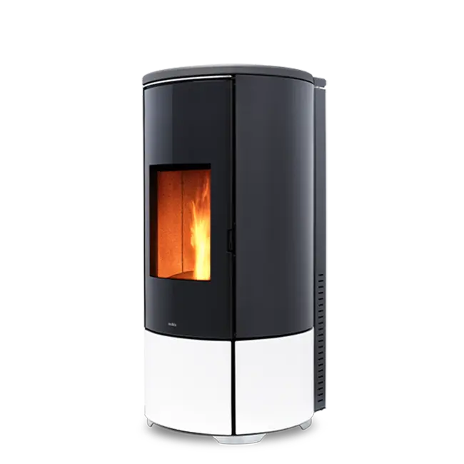 Poêle à granulés Nobis Round noir à socle blanc, cylindrique, flamme allumée derrière la porte vitrée