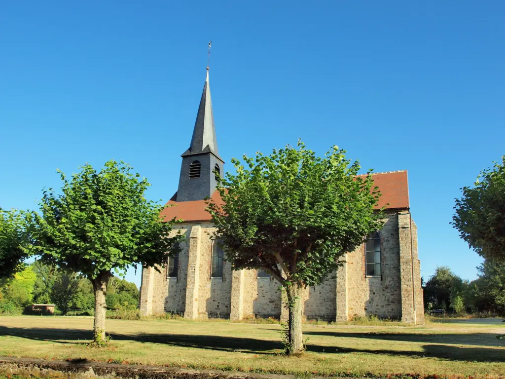 L’église Saint-Étienne de Fouchères et sa flèche, entre deux arbres sur la pelouse.