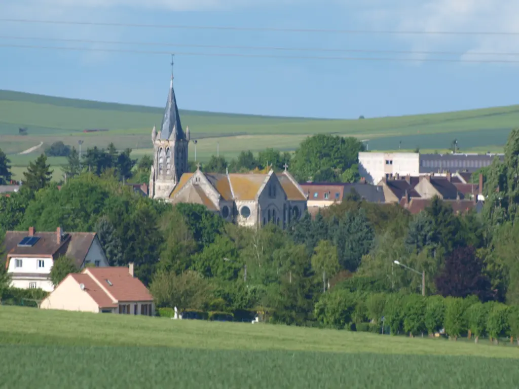 Aillant-sur-Tholon, commune déléguée de Montholon : la flèche de l’église au-dessus des toits, devant les coteaux.
