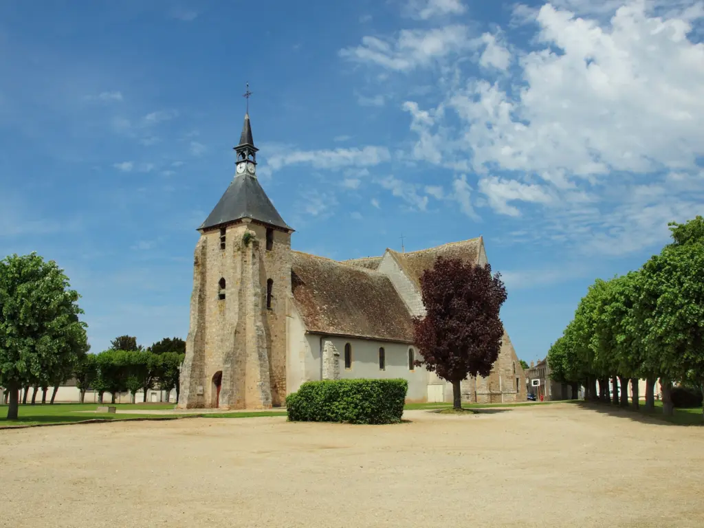 L’église Saint-Victor de Serbonnes, son clocher de pierre au fond de la grande place plantée d’arbres.