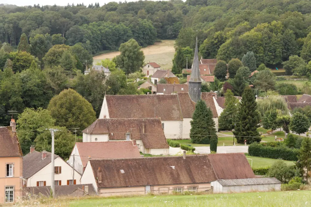 Verlin dans sa vallée boisée : les toits du village et la flèche de l’église.