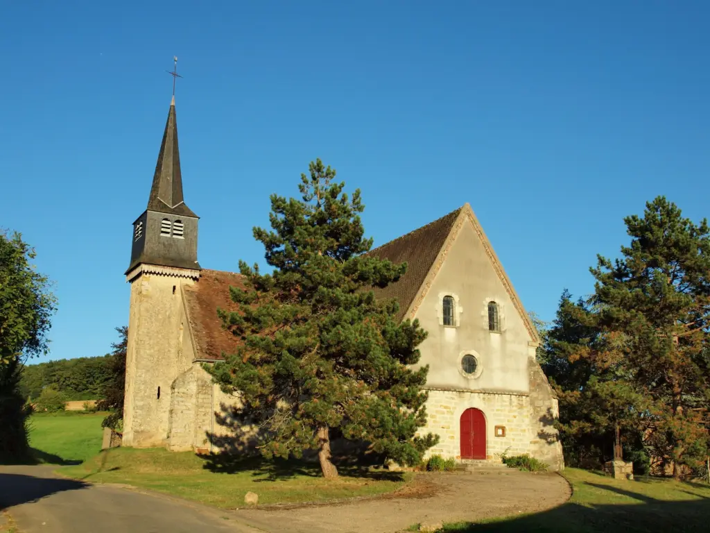 L’église Saint-Martin de Villiers-Louis, son clocher pointu et un grand pin devant la façade.